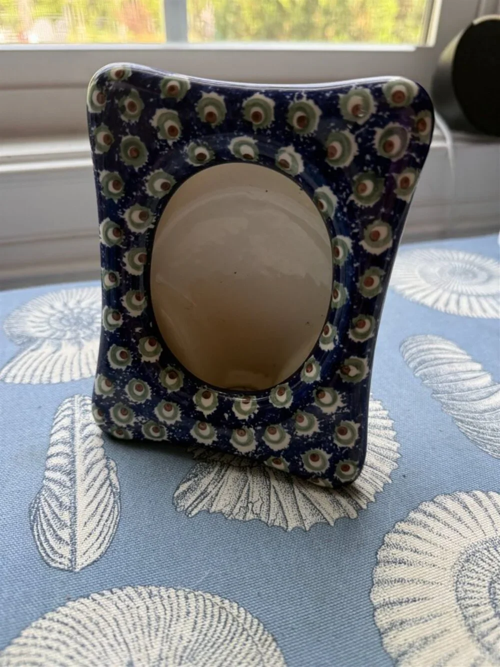 Polish Pottery Stoneware Frame Blue Peacock Circles Freestanding